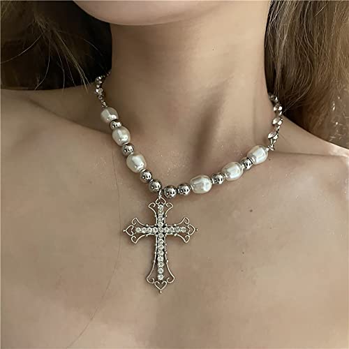 Vintage Celtic Rhinestone Cross Long Pendant Necklace Pearl Beaded Choker Necklace Silver for Women4