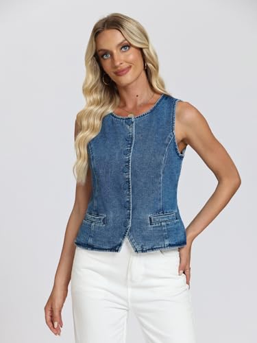 D-Sun Women Denim Vest Sleeveless Crew Neck Button Down Jean Vest Tank Tops Trendy Casual Jean Jacket Waistcoat4