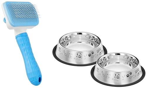Image of Amazon Basics Self Cleaning Slicker Pet Grooming Brush|Pet Cleaning Tool Suitable for All Pets|Rectangular Shape with Amazon Basics Stainless Steel Printed Pet Bowl|Pack of 2|700 ML Each