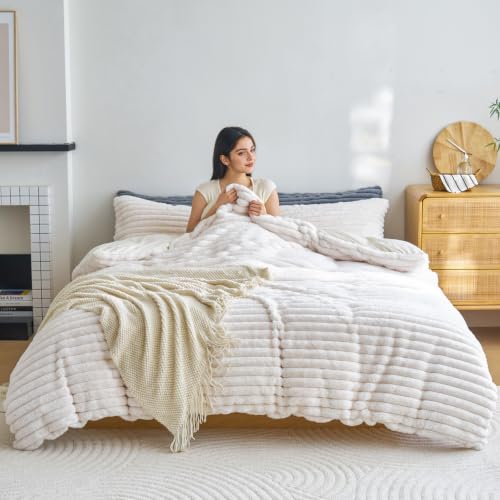 Image of Besfunny White Plush Comforter Cover Full Size ,Fluffy Striped Bedding 2pcs Set(1 Fuzzy Duvet Cover + 1 Fur Pillow Cases ) Faux Fur Luxury Bed Set (White, Twin)