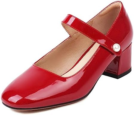 Naiyee Mary Jane Shoes Women Low Chunky Heels Dress Shoes Closed Round Toe Office Work Wedding Pumps with Velcro Ankle Strap