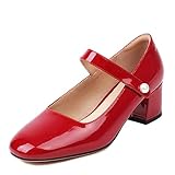Naiyee Womens Mary Janes Red Chunky Heel Ankle Strap Womens Dress Shoes Low Heel Patent Leather Mary Janes Size 8
