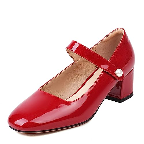 Naiyee Womens Mary Janes Red Chunky Heel Ankle Strap Womens Dress Shoes Low Heel Patent Leather Mary Janes Size 8
