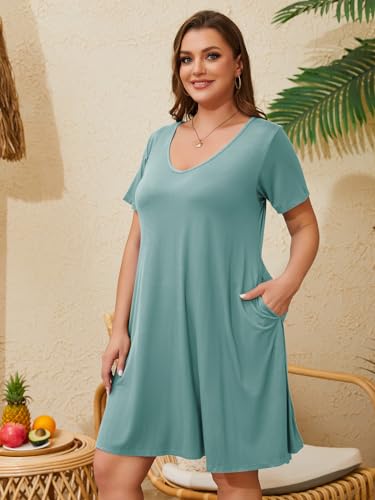 Image of ZENNILO Women's Plus Size Swing Dress with Pockets Casual Summer Dresses V Neck Short Sleeve T Shirt Dress for Women