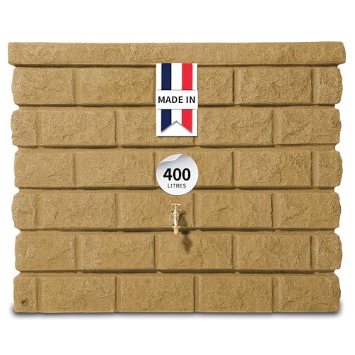 GARANTIA Rocky Recuperateur d Eau de Pluie 400L Sable - Cuve à Eau de Pluie décorative - Récupérateur d’Eau avec Robinet - Réservoir Mural pour Jardin...
