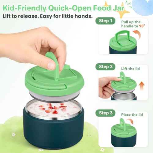 Image of Bento Lunch Box with 8oz Soup Thermo,Kids Leakproof 4 Compartment Lunch Food Containers with Sauce Cup and Ice Pack,Kids Thermo Insulated Hot Food Jar and Lunch Bag for School,Trvael-Green