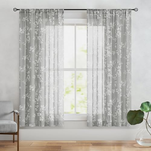 Image of FMFUNCTEX Linen Sheer Blossom Floral Print Curtains Grey 63 Inch 2 Panels | Rod Pocket Rustic Drapes, Farmhouse Flower Patterned Window Curtain, Light Filtering Privacy for Living Room and Bedroom