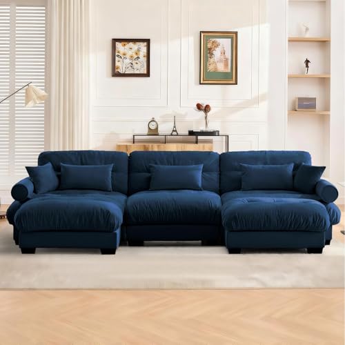 Image of SoarFlash Sectional Sofa Couch, U Shaped Modern Sofa with Solid Wood Legs, Couches Sofas for Living Room Apartment, Comfortable Small Couches for Apartment, Blue
