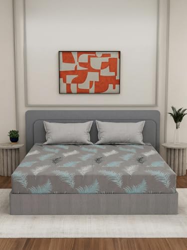 Image of Monte Carlo Aromatica Polyester Double Size Flat Bedsheet | 110 GSM | Leaf 1 Bedsheet with 2 Pillow Cover | Bedsheet 91 x 98 Inches, Pillow 18 x 27 Inches (Cool Grey)