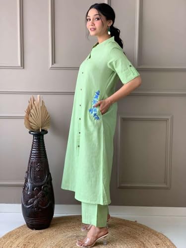 Image of Women's Cotton Embroiderd Long A-Line Kurti with Palazzo