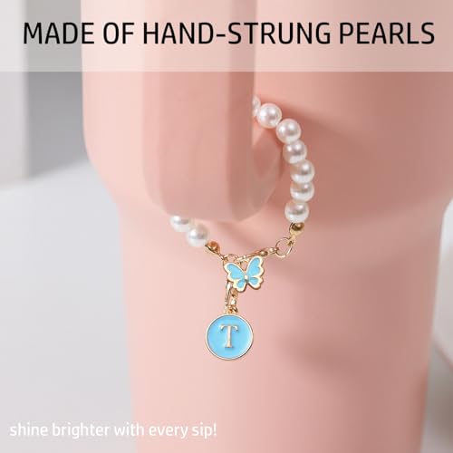 Image of Accessories for Stanley Cup Pearl Chain Initial Accessoriess for Handle Stuff Decor Water Bottle Jewelry Tumbler Cute Simple Modern Personalized Name ID Decorations Letter Blue Tag T