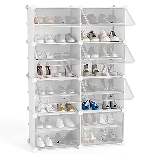 Unzipe Shoe Rack, 8 Cube 16-Tier Shoe Storage Cabinet 32 Pairs Plastic Freestanding Shoe Organizer Diy Shoe Shelves For Entryway Hallway Closet Or Bedroom, White #TOP5