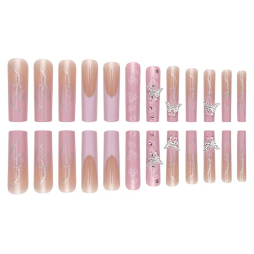 24Pcs Pink French Tip Press on Nails Long Square Fake Nails with Silver Glitter Butterfly Charms Designs Pink Flower Full Cover Artificial Glue on Nails Reusable False Nails for Women DIY Nails Art