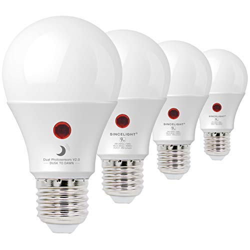 SINCELIGHT Bombilla LED de 9 W con sensores de fotocélula duales, encendido/apagado automático depende del nivel de luz diurna, luz nocturna al aire libre desde el anochecer hasta el amanecer,