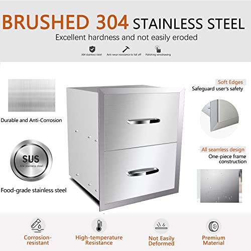 Image of Outdoor Kitchen Double Drawers 14 inch W x 15 inch H x 23 inch D Inches BBQ Drawer Stainless Steel Access Drawers with Exquisite Handle for Outdoor Kitchen Island or Grill Station