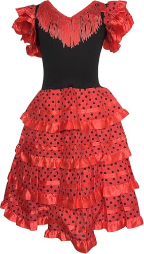 AMARU SANCHESU Vestido Infantil de Flamenco o sevillanas (FR/ES, Edad, 8 años, Regular, Rojo-Rojo)