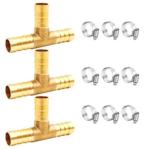 Tnuocke 3 piezas de 3/8 'latón Tee Barb Fitts,3 vías Unión Intersección montaje T forma de púas Splitter montaje empalmador con abrazaderas de manguera para agua combustible aire H-058-3/8