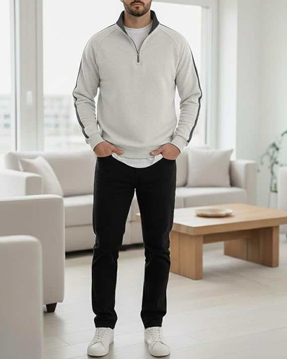 Image of Men's Quarter Zip Pullover Sweater with Contrast Stripe, Long Sleeve Athletic Casual Sweatshirt for Winter Wear, Black
