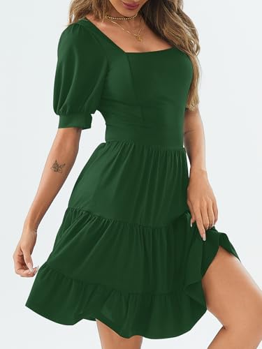 Image of Women's Square Neck A-Line Summer Dress Puff Sleeve Flared Swing High Waist Smocked Flowy Midi Casual Dress for Office /Party Green