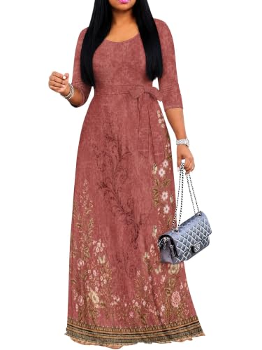 Image of PinkPatty Plus Size Maxi Dress for Women Casual V Neck 3 /4 Sleeve Boho Printed Long Dress with Pockets