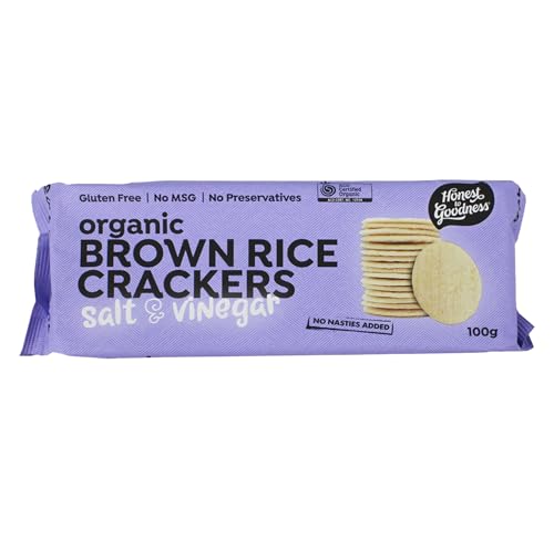 Honest to Goodness, Organic Brown Rice Crackers Salt & Vinegar, 100g - A Delightful Fusion of Crunchiness While Lightly seasoned with the perfect blend of salty and tangy vinegar.