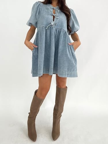 Image of Women Tie Front Denim Dress Round Neck Puff Sleeve A-line Mini Jean Dress with Pockets