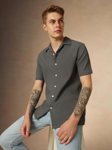 Image of Dennis Lingo Men's Half Sleeve Cuban Collar Solid Textured Relaxed Fit Casual Shirt