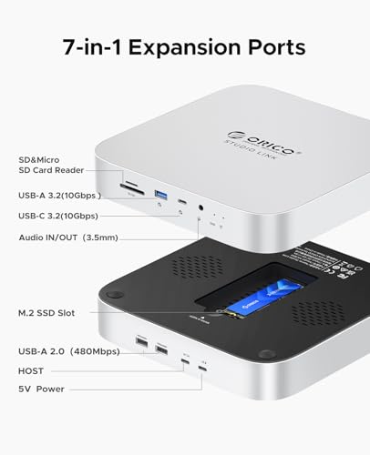 Image of ORICO StudioLink Mac mini Hub with SSD Enclosure & 7-in-1 Ports | NVMe /SATA M.2 SSD Dock for Mac mini M1 /M2 /Mac Studio | 10Gbps USB-C, SD /TF Card Reader, 3.5mm Audio, Aluminum Alloy