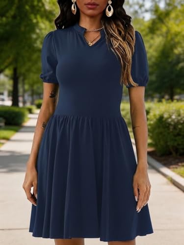 Image of Women's V Neck Summer Dress Puff Short Sleeve Flowy Stretchy Flowy Comfort Fit for Daily Wear Work Midi Casual Dresses
