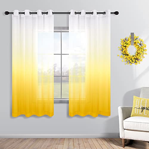 KOUFALL Yellow and White Curtains 63 Inch Length for Bedroom