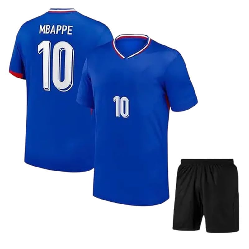 Image of RJM Mbappe 9 Sports Football Home White Jersey 2024 with Black Shorts for (Kids,Boys,Men)