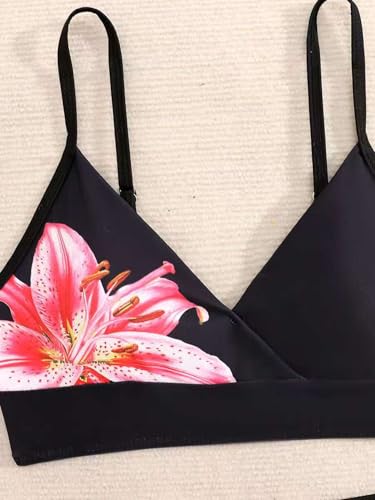 Image of Girl's 3 Piece Sets Floral Print Bikini Swimsuit High Waisted Bathing Suits with Beach Skirt Coverups Black Red Floral 14Y