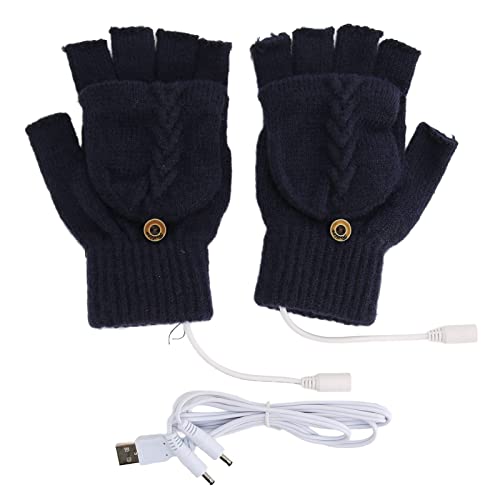 AlcheLHymist USB Knitted Heated Gloves, Wireless Warmer Hand Gloves with Flip Half Finger Design, Dual - Sided Heating for Office Computer Use, Watching TV, Studying in Cold Weather (Dark Blue)