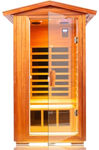 Image of LTCCDSS Outdoor Mahogany Sauna 1 Person, Low EMF Far Infrared Sauna for Home, Withstand Outdoor Temp -10℉-149℉| EMF Readings Below 0.5mG, 9 Low EMF Boards-Chromotherapy-Bluetooth Speaker