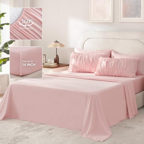 Image of Andency Ruched Queen Comforter Set Pink, 7 Pieces Ruffle Bed in a Bag, Shabby Chic Pleat Bedding Set with Comforter, Sheets, Pillowcase & Sham, Lightweight, Soft, All Season