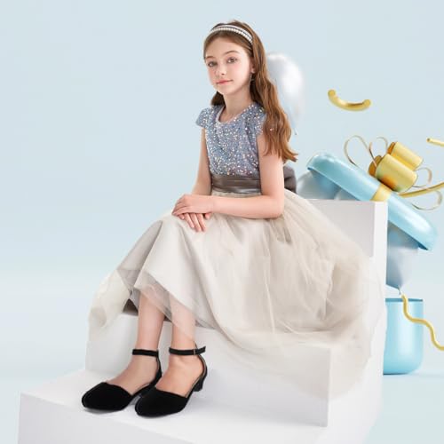 Youdesney Girls Black Dress Shoes, Closed Toe High Heels, Toddler Little Big Kid Ankle Strap Flower Pump for Wedding, Party, School2