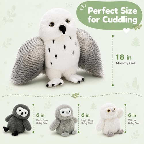 Image of Owl Stuffed Animal with 3 Babies,18 inch Snowy Owl Plush, White