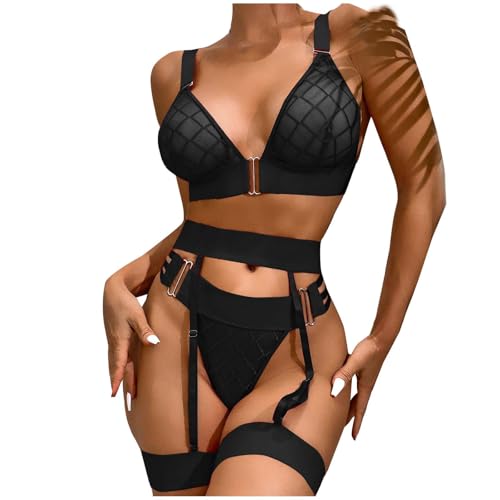Womens Sexy 3 Piece Lingerie Set:Fashion Strappy Bra and Panty Set Adjustable With Belt Plus Size Valentines Outfit(Black,X-Large)