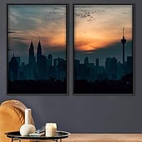 2 Piece Framed Canvas Wall Art Cityscape and Sunset Canvas Prints Home Artwork Decoration for Living Room,Bedroom - 16