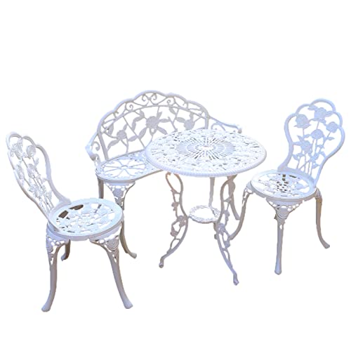 Image of KAILI Outdoor Outdoor Tables and Chairs cast Aluminum Four piece Set, Including a Table, Two Round Chairs and a Bench Rose White Style Swimming Pool Leisure