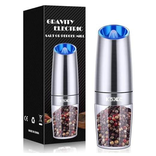 Gravity Electric Pepper/Salt Grinder, Salt and Pepper Mill & Adjustable Coarseness, Battery Powered with LED Light, One Hand Automatic Operation, Stainless Steel (Single/Silver)