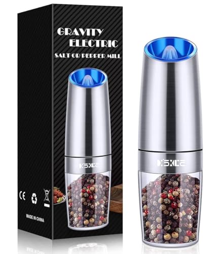 XinXu Gravity Electric Pepper/Salt Grinder, Salt and Pepper Mill & Adjustable Coarseness, Battery Powered with LED Light, One Hand Automatic Operation, Stainless steel - (Single/Silver)