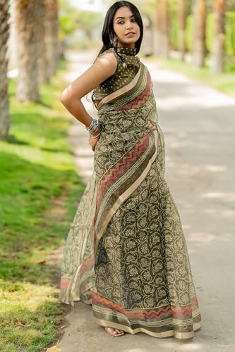 Image of MIRCHI FASHION Kota Doria Cotton Saree with Blouse Piece | Leaf Floral Printed Saree for Women | Traditional Ethnic Daily Wear Summer Saree