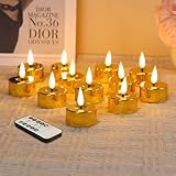 Eywamage Gold Christmas LED Tealights with Remote Batteries, Flickering Flameless Tea Lights Votive Candles Set of 12