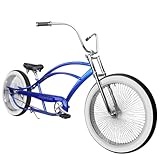 MICARGI Bronco Pro 26 Inch Stretch Cruiser Bike for Men, Long Steel Frame, Hi-Rise Handlebar, Three Piece Cranksets,140 Spoke Wheelset Fat Tire, Complete Cruiser Bikes (Blue)