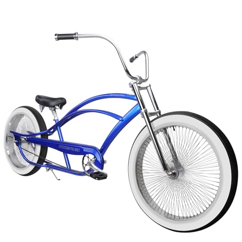 MICARGI Bronco Pro 26 Inch Stretch Cruiser Bike for Men, Long Steel Frame, Hi-Rise Handlebar, Three Piece Cranksets,140 Spoke Wheelset Fat Tire, Complete Cruiser Bikes (Blue)