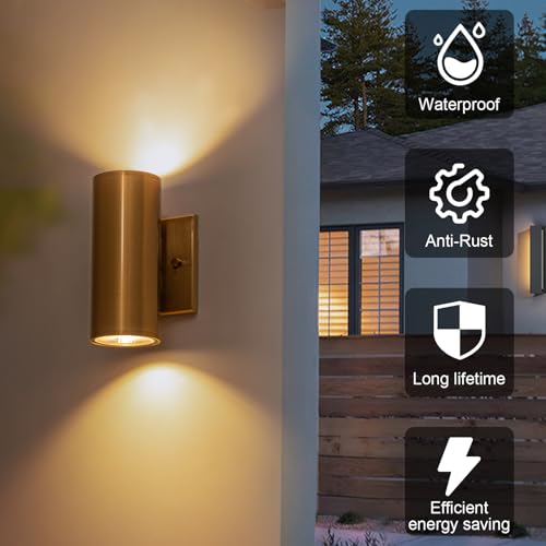 Image of Modern Outdoor Wall Light 2 Packs Up and Down Lights, 7 inch Gold Exterior Light Fixture for House Porch Patio Garage