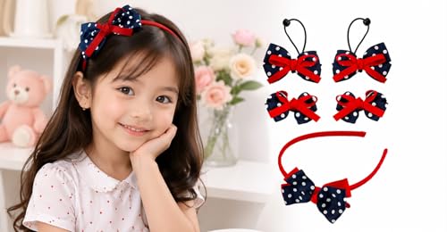 Image of BABIES BLOOM Designer Red Hair Bow, Baby Headband and Hair Accessory Set (Set of 5) (Dark Blue Red with Polka Dots)