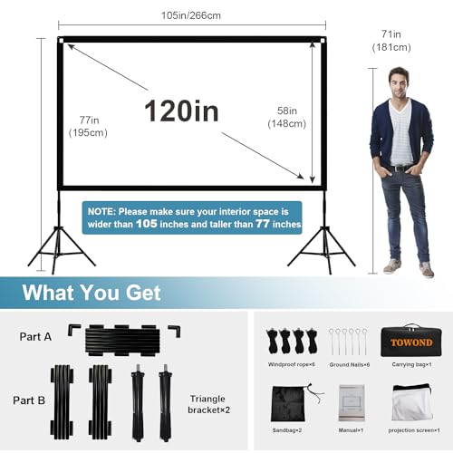 Projector Screen and Stand, Towond 120 inch Portable Movie Screen Indoor Outdoor 16:9 4K HD Front Rear Projection Screen - Additional View