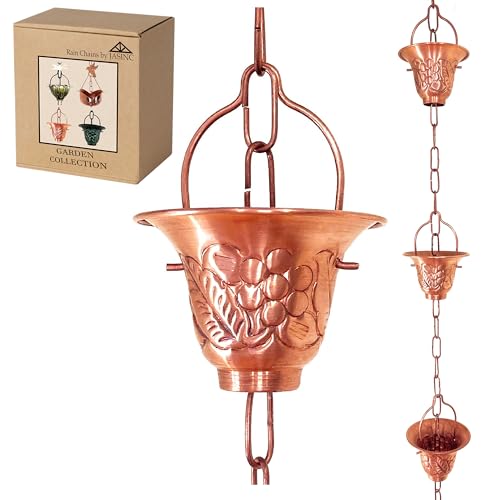 Rain Chains by JASINC 8.5 ft Grape Leaf Vineyard Cups Pure Copper, to Replace Roof Gutter Downspout, with Installation Kit, Rainwater Catcher/Water Diverter, JAS8005C